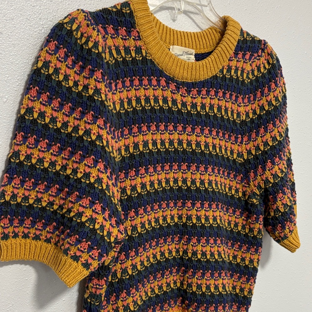 Women's Short-Sleeve Knit Sweater - Mustard Multicolored - Picture 4 of 8